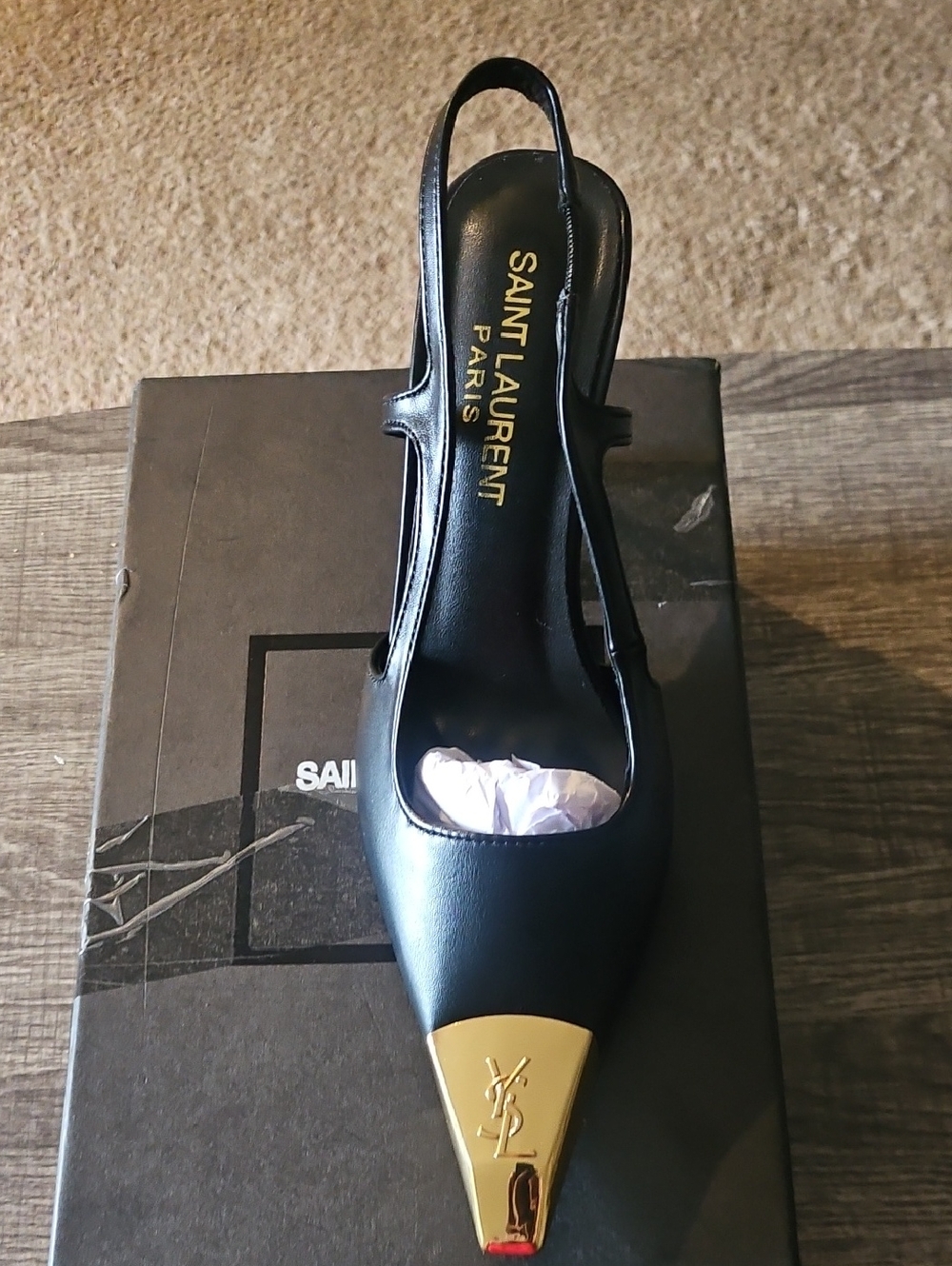 Saint Laurent Black Leather Slingback Pump with Gold Cap Toe
